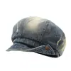 Boina de mezclilla lavada con efecto desgastado y ala rota para mujer, sombrero octagonal de moda para circunferencia de cabeza grande, gorra de estilo vintage de repartidor de periódicos y pintor