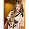 Estilo Coreano High Street Americano Estampado Leopardo Parche de Corazón Manga Corta Nueva Camiseta para Mujer Ins Top Suelto de Moda Verano Nueva Llegada