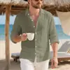 Sitio Independiente Transfronterizo Primavera y Otoño Hombres Lino Estilo Americano Holgado Hawaiana Casual Manga Larga Botones Cuello Camisa