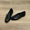 Versión de piel de vaca~zapatos de piel para mujer de tacón grueso estilo británico de piel genuina con hebilla, hechos a mano, planos retro y mocasines para ir al trabajo