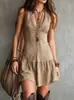 Comercio Exterior Transfronterizo Estilo Europeo y Americano Verano Nuevo Moda Femenina Elegante Sin Mangas Cuello en U Decorado con Botones Vestido Corto