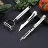 Pelador de acero inoxidable de doble cabeza para cocina, pelador de manzanas, pelador de patatas, juego de tres piezas para pelar verduras y frutas