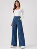 Jeans de Tricô Wide Leg de Cintura Alta com Elasticidade Quatro Vias Transfronteiriço para Mulheres, Calças Casuais Soltas Estilosas, Calças Jeans Longas de Pernas Retas
