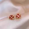 Pendientes de Trebol de Cuatro Hojas con Circonita Roja Fresca, Pendientes de Moda, Exquisitos, Compactos, Retro y Versátiles, Pendientes de Diseño de Nicho