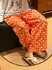 Calça de algodão tramado floral vintage multicolorida de perna larga para mulheres, solta e respirável, adequada para usar em casa e como calça de dormir