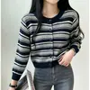 Suéter de punto a rayas estilo coreano retro americano para mujer, nueva moda de otoño, cárdigan elegante con cuello redondo, manga larga, top adelgazante