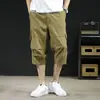Calças Ativas Masculinas de Verão Algodão Puro Resistentes ao Desgaste Calças Cropped Casuais Masculinas Calças Retas Largas Calças com Múltiplos Bolsos Shorts