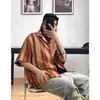 Camisa Holgada de Color Contrastante Tejida Estilo Étnico Bohemio con Cuello Cubano para Hombres y Mujeres, Camisa de Manga Corta para Vacaciones en Pareja, Marrón