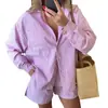 Roupa de Duas Peças Feminina Exportação Europeia e Americana Outono 2025 Camisa de Manga Longa Estampada Shorts Solta, Confortável e Casual