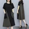 Vestido Curto Color Block Patchwork 2026 Verão Novo Plus Size Solto Emagrecedor Estiloso Redutor de Idade Saia Esconde Barriga Feminino