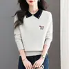 Top de tricô com gola polo color block e mangas compridas, nova coleção primavera/outono 2026, suéter moderno de caimento solto com bordados intrincados, estilo feminino