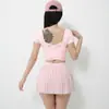 Novo Conjunto de Yoga Feminino com Bojos, Costas Cruzadas em Renda Bonitas, Manga Curta, Cintura Alta, Emagrecedor, Esportivo, Conjunto de Saia Plissada