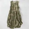 Vestido Casual de Algodão Puro com Estampa Digital Nova, Gola Redonda, Sem Mangas, Comprimento Médio, Para Mulheres, Verão na Praia