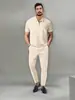 Conjunto de Terno Masculino de Cor Sólida com Gola Waffle de Manga Curta e Zíper com Calça Longa - Novo Europeu e Americano Transfronteiriço para Primavera e Outono de 2026