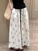 Pantalones Casuales Rectos Estampado Tinta Retro Mujer Verano Cintura Elástica Perezosa Algodón Lino Pierna Ancha Borde Fruncido Pantalones de Nueve Puntos