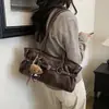 Bolso bandolera de gran capacidad para baguette con cinturón, textura vintage, piel de cera de aceite, color sólido, moda de primavera 2026 nuevo para mujer