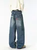 Maple House Roupa Masculina / Jeans Reto com Bolso Bordado de Estrela, Calça de Perna Larga Solta Tendência Unissex Comprimento Total