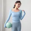 Festival de Primavera Puro Deseo Yoga Malla Manga Larga Copa Fija Tirante Delgado Camiseta Deportiva Ajustada Top de Fitness en la Cintura