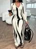 Otoño 2026 Amazon Comercio Transfronterizo Comercio Exterior Nuevo Sexy Versátil Cuello en V Ajustado Plisado Manga Larga Estampado Vestido