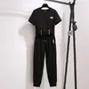 507# novo conjunto esportivo casual de manga curta de verão feminino top curto solto calça cropped conjunto de duas peças para estudante
