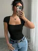 Roupas Femininas Europeias e Americanas Transfronteiriças Verão 2025 Moda Estilo Europeu e Americano Camiseta Casual Slim Fit Gola Quadrada Top de Tricô Sexy Camiseta