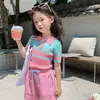 Camiseta de Manga Curta para Meninas de Verão, Polo de Tricô de Seda Gelada Color Block Fashionável e Tendência Estilo Coreano para Bebês