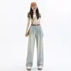 Jeans Retrô de Perna Larga Ferramentas Cintura Alta Antiga Caimento Solto Calças Mop Design de Gradiente Fluido Senso de Design Avançado Mais Longo