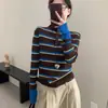 Andy Tecido Cor Bloco Retrô Listrado Malha Outono Inverno Estilo Francês Temperamento Slim Botão Frontal Suéter Top Feminino