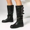 Botas de cuero talla extra grande europeas y americanas, punta redonda, suela gruesa, plataforma impermeable, tacón cuadrado, zapatos de mujer transfronterizos, talla 46, botas de montar de caña alta para otoño e invierno