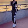 Calças esportivas casuais redutoras de idade com gola redonda, pulôver slim fit, camiseta preta de manga curta, conjunto de duas peças para mulheres