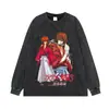 Camiseta Solta Transfronteiriça com Estampa de Anime Japonês, Estilo Americano Vintage, Gola Redonda Desgastada, Manga Curta Plus Size