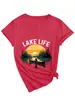 Lake Life Site Independente Europeu e Americano Ebay Camiseta Feminina Fashionável e Confortável com Decote V de Manga Curta Camada Base Comércio Exterior