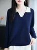 Suéter de punto base para mujer, de manga larga, con cuello de tijera y bloques de color, de lana fina peinada, nuevo para primavera y otoño, corte slim, estilo retro francés