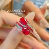 Estilo francês Vintage Ins Twin Stone Red Corindo Ring vintage Middle Style Importado Anel de Cristal Azul de Diamante de Alto Carbono para Mulheres