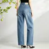 Venta Directa de Fábrica Nuevos Pantalones Casuales Adelgazantes de Guadaña para Mujer Patchwork 3D Hilo de Bordado de Grano de Arroz Denim Azul Lavado Pierna Ancha Largo hasta el Piso