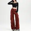 Comercio Transfronterizo Estilo Americano Angora Teñido de Rojo Pantalones Cargo Otoño Nuevo Estilo Hong Kong Cintura Alta Multibolsillos Holgados Pierna Ancha