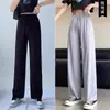 Calça preta de seda gelada plus size de perna larga para mulheres, tamanho petite, calça esportiva reta com proteção solar Yamamoto para corpo tipo pera
