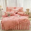 Estilo Princesa Coreana Pieza Única Ribete de Encaje Edredón Faldón de Cama Juego de Tres Piezas Cubrecama Engrosado Antideslizante con Borde de Falda Faldón de Cama