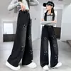 Jeans de Pierna Ancha Bordados con Estrellas para Niñas, Estilo Primavera y Otoño, Pantalones Sueltos de Cintura Alta hasta el Suelo, Pantalones Casuales de Moda para Niños Mayores