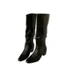 Botines Plisados Versátiles de Punta Cuadrada con Tacón Grueso de Botas Altas Adelgazantes Nuevos Retro Otoño/Invierno Pequeños que Aumentan la Altura