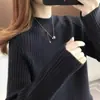 Suéter feminino outono e inverno transfronteiriço, cor sólida, modelagem que emagrece, manga longa, gola alta parcial, malha, estiloso e grosso