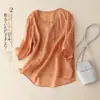 Camisa morada de manga corta de algodón y lino para mujer, adelgazante para tallas grandes, oculta el abdomen, corte holgado, talla grande, top abotonado de algodón y lino, ropa de verano para madres