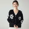 Cardigã de malha de cashmere com blocos de cor e trançado para mulheres, gola V, mangas compridas, caimento solto, casual, versátil, simples, outono/inverno, estilo com botões