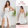 Camisola de Malha Transparente Fina de Verão com Alças de Strass Babado Costas Abertas Fenda Alta Camisola Vestido de Casa Feminino 896