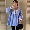 Camisa Feminina Ins Estilo Blogueira Coreana Fofa Jovem Casual Vibe Preguiçosa Listrada Renda Decote V Solta Emagrecedora Manga Longa