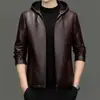 Jaqueta de Couro Masculina Outono/Inverno 2026, Casual de Negócios para Meia-Idade com Capuz, Zíper, Forro de Fleece, Casaco de Couro Espesso para Homens