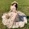 Traje floral estilo vacacional francés para mujer, top de un hombro puro y delicado, falda larga de bajo amplio, falda larga atmosférica