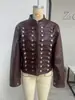AliExpress Más Vendido al por Mayor Comercio Exterior Transfronterizo Nueva Moda Femenina Europea y Americana Chaqueta de Cuero con Botones Estilo Napoleón y Aplicaciones