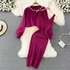 Vestido de Tricô Socialite Spice Girl Outono e Inverno Novo Gola Redonda Cintura Alta Manga Curta Bufante Conjunto de Duas Peças Saia Lápis