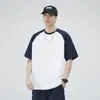 Camiseta blanca de manga corta raglán pesada estilo americano para hombre, 250G, marca de moda de verano, corte holgado, bloques de color, camiseta casual y versátil